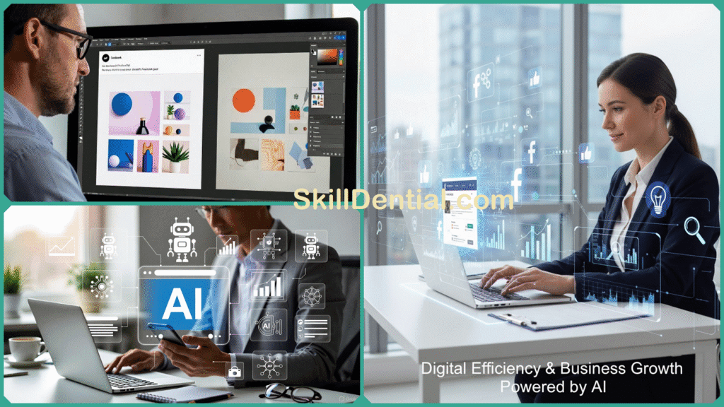Facebook Business Page Growth: 9 Smart Ways to Use AI Tools Create a modern, professional infographic titled “Facebook Business Page Growth: 9 Smart Ways to Use AI Tools”.Use bold icons, clean shapes, and a blue–white color palette inspired by Facebook branding.Design should be easy to read on mobile.Include these 9 numbered sections with simple icons:AI Content Ideas – Icon: LightbulbAuto-Generate Post Designs – Icon: Image/TemplateAI Caption Writing – Icon: Pencil/KeyboardSmart Hashtag Suggestions – Icon: Hashtag symbolChatbot for Quick Replies – Icon: Chat bubbleAI Scheduling Tools – Icon: CalendarAudience Insights & Analytics – Icon: GraphAI Video Creation (Short Reels) – Icon: Play buttonCompetitor Analysis with AI – Icon: Magnifying glassAt the bottom, add a small footer text:“Powered by Smart AI Tools – Grow Your Page Faster”Style: clean, minimal, professional, slightly futuristic.Aspect ratio: 1080×1920 (suitable for Facebook & Instagram Reels/Stories) or square version 1080×1080.