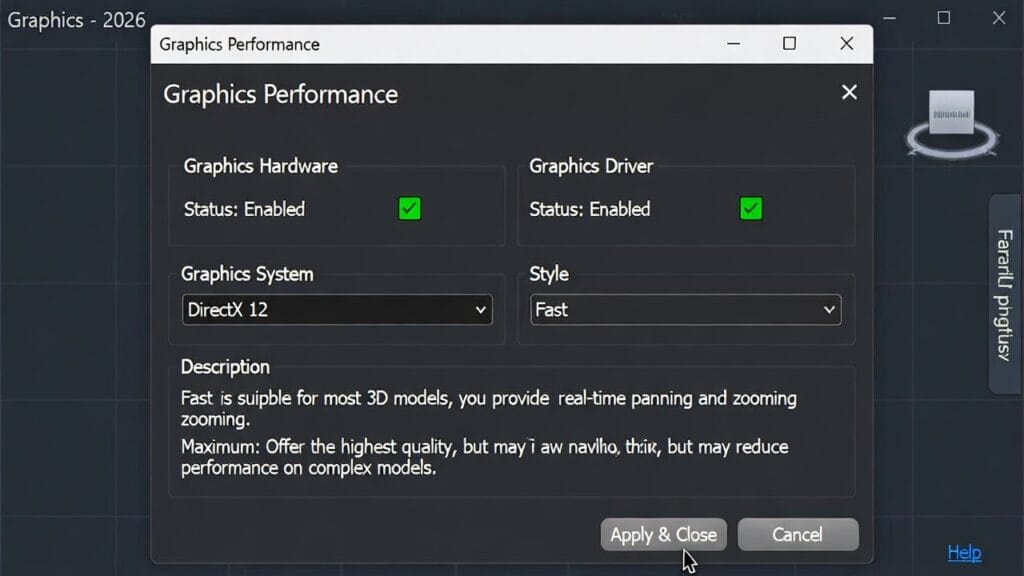 Screenshot of AutoCAD 2026 Graphics Performance window highlighting DirectX 12 and Fast styles