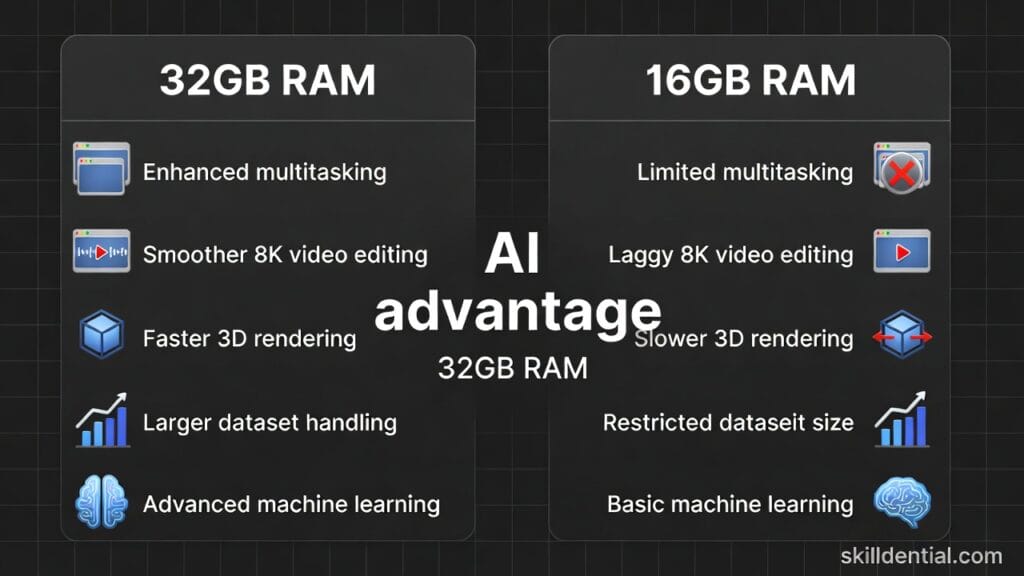 Infographic showing the 32GB RAM "AI advantage" vs 16GB slowdowns