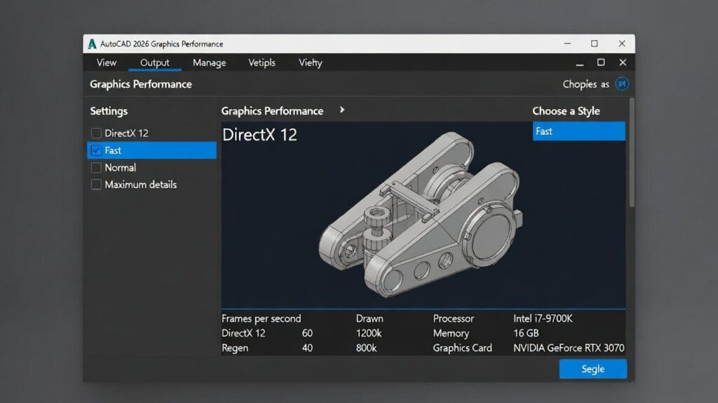 Screenshot of AutoCAD 2026 Graphics Performance window highlighting DirectX 12 and Fast styles