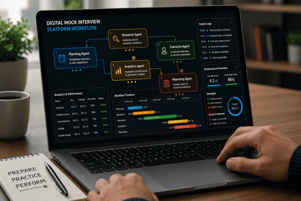 Modern tech desk with mock interview UI