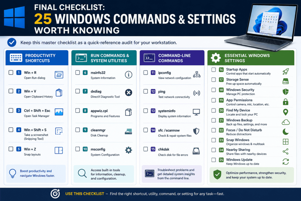25 Essential Windows Commands & Settings for PC and Laptop 25 Essential Windows Commands & Settings for PC and Laptop