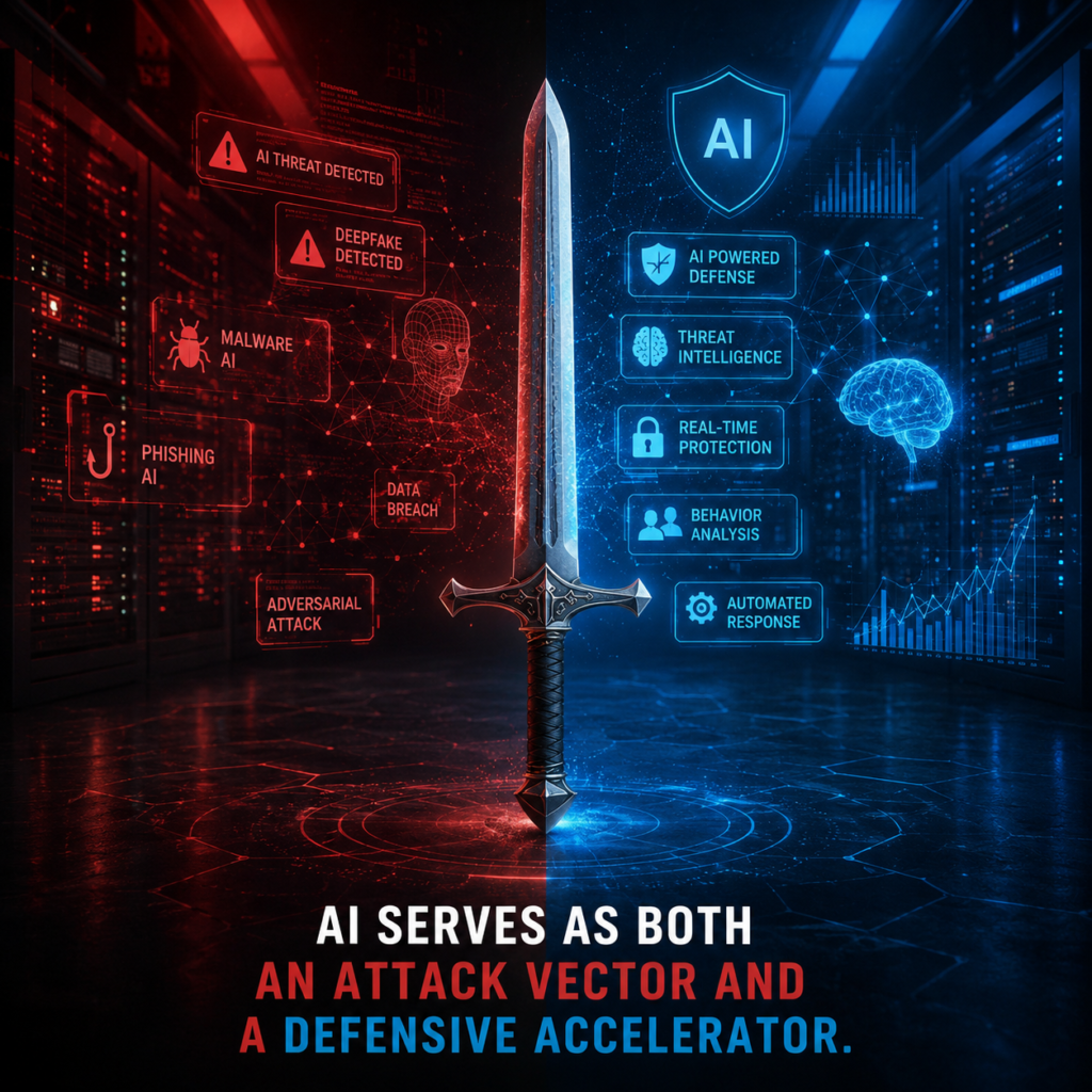 AI serves as both an attack vector and a defensive accelerator.